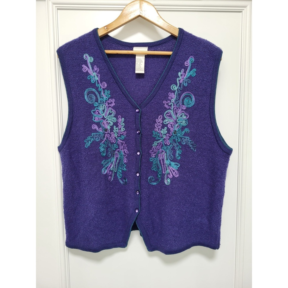 Vtg Koret Purple Teal Embroidered Wool Blend Button Up Sweater Vest M